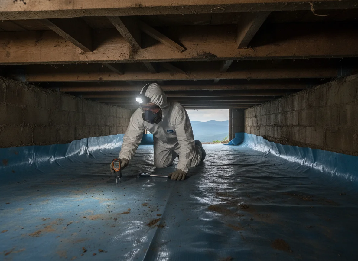 Mold After Water Leak 83815 Coeur D Alene ID: IICRC-certified technician inspecting crawl space with moisture meter and thermal imaging in Coeur D Alene, Idaho